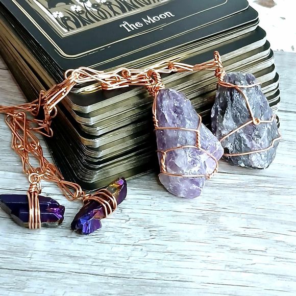 Raw Amethyst Crystal & Copper Dowsing Pendulum, Divination Tools, 9" - Picture 4 of 7